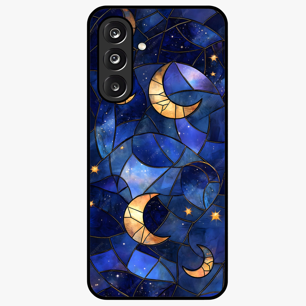 Starlit Sky Tapestry Glass Case showing flat back view with decorative starry sky tapestry artwork and glossy glass finish.