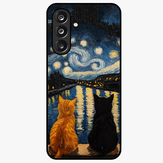 Starry River Cats Glass Case showing flat back view with cats by a starry river artwork and glossy glass finish.