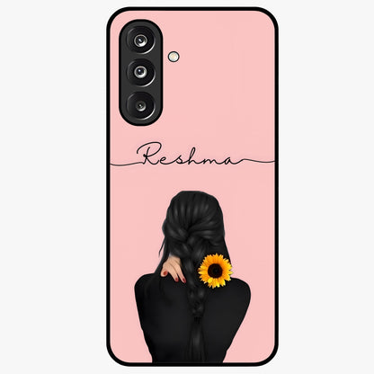 Sunflower Braid Beauty With Custom Name Glass Case showing flat back view with sunflower braid artwork and personalized name design.