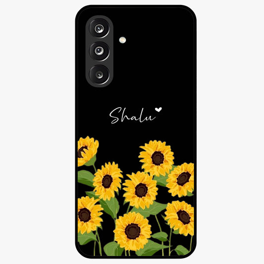 Sunflower Chic Mood Custom Name Glass Case showing flat back view with stylish sunflower artwork and personalized name design.