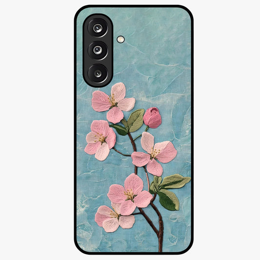 Threaded Blossom Breeze Glass Case showing flat back view with delicate blossom artwork and glossy glass finish.