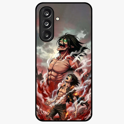 Titan Awakening Fury Glass Case showing flat back view with powerful titan inspired artwork and glossy glass finish.