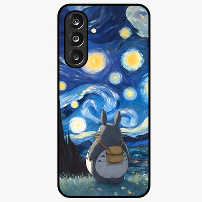 Totoro In Van Gogh Art Glass Case showing flat back view with whimsical character artwork inspired by Van Gogh style and glossy glass finish.