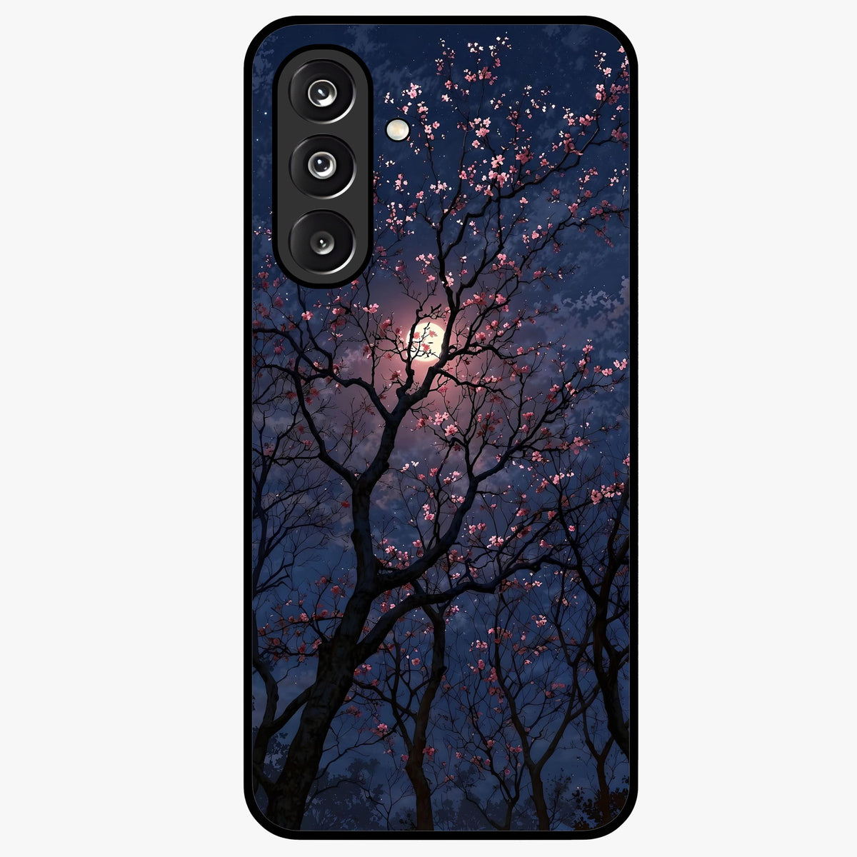 Twilight Sakura Serenade Glass Case showing flat back view with cherry blossom artwork at twilight and glossy glass finish.