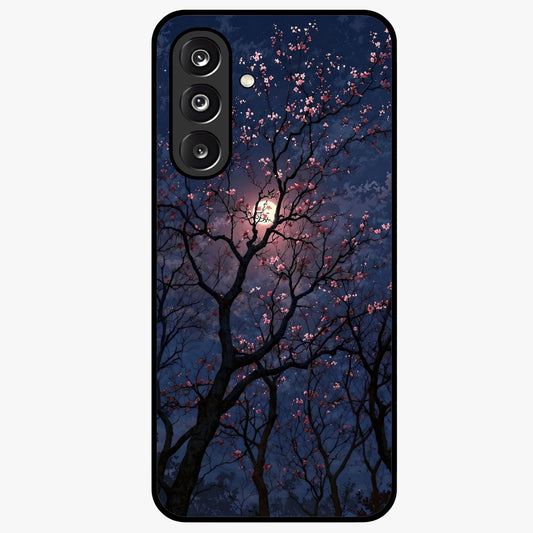 Twilight Sakura Serenade Glass Case showing flat back view with cherry blossom artwork at twilight and glossy glass finish.