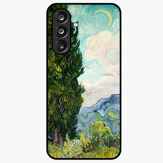 Van Gogh Vintage Art Glass Case showing flat back view with vintage painterly artwork inspired by Van Gogh style and glossy glass finish.