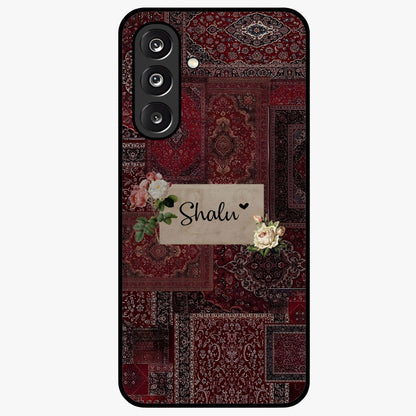 Velvet Wine Pattern Custom Name Glass Case showing flat back view with elegant wine colored pattern artwork and personalized name design.