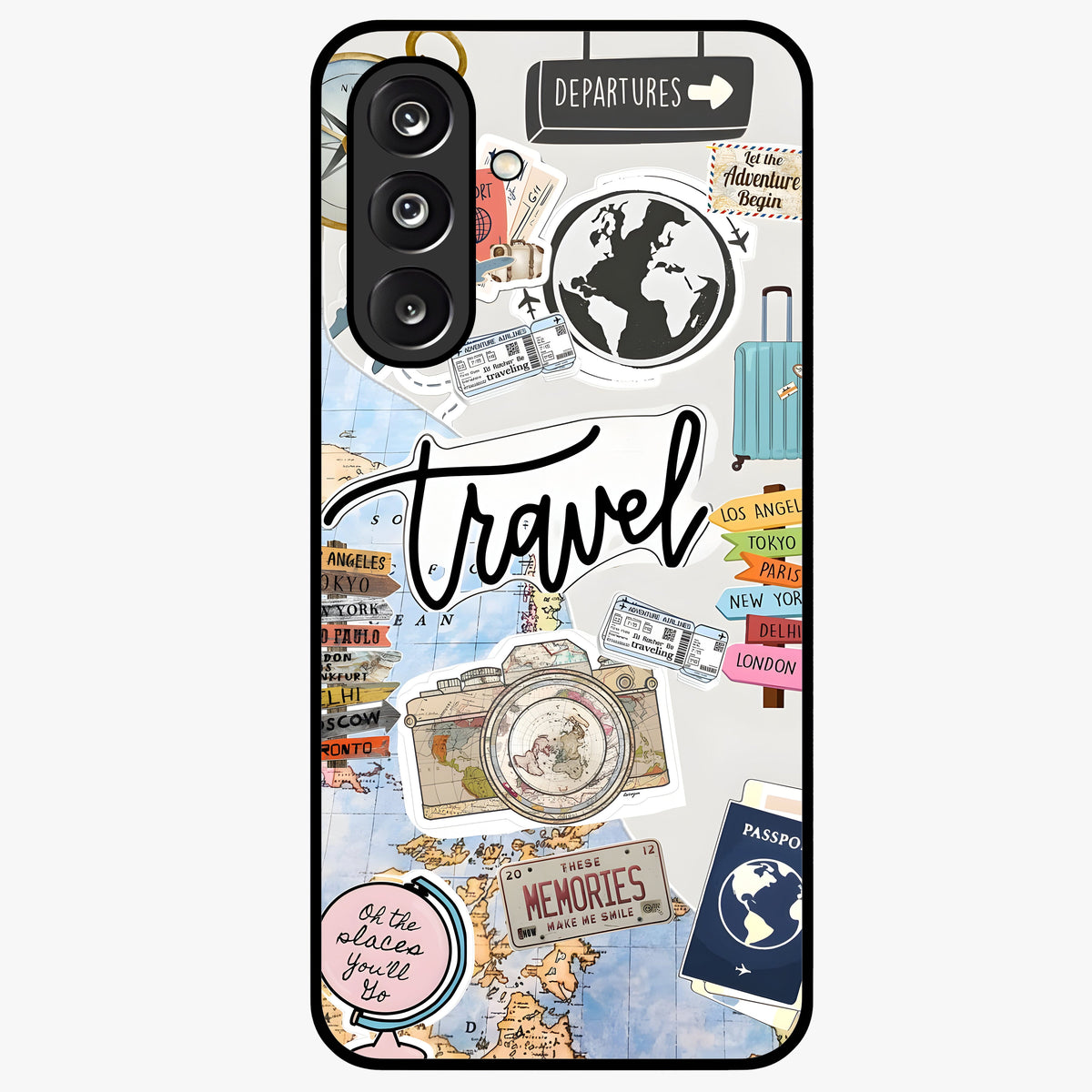 Wanderlust Journal Glass Case showing flat back view with travel inspired artwork and glossy glass finish.