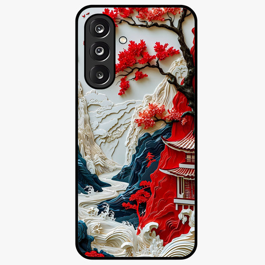 Whispers Of Sakura Waves Glass Case showing flat back view with cherry blossom wave artwork and glossy glass finish.