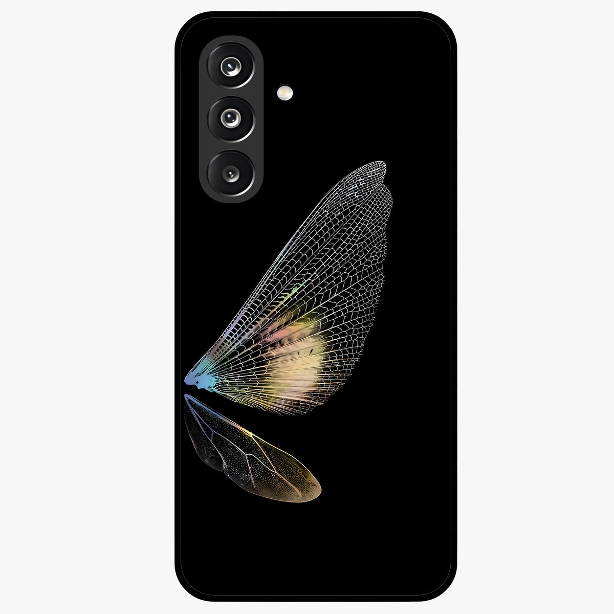 Whispers Of Wings Glass Case showing flat back view with graceful wing inspired artwork and glossy glass finish.