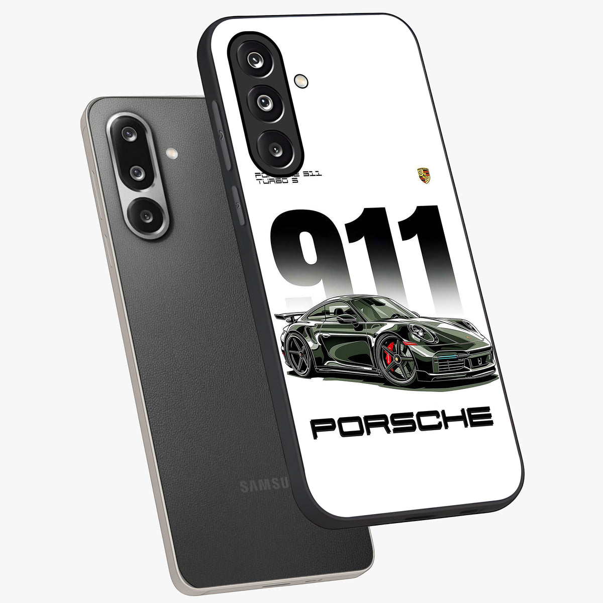 911 Turbo Dominance Glass Case displayed in premium angled mockup highlighting sporty car illustration and sleek glass surface.
