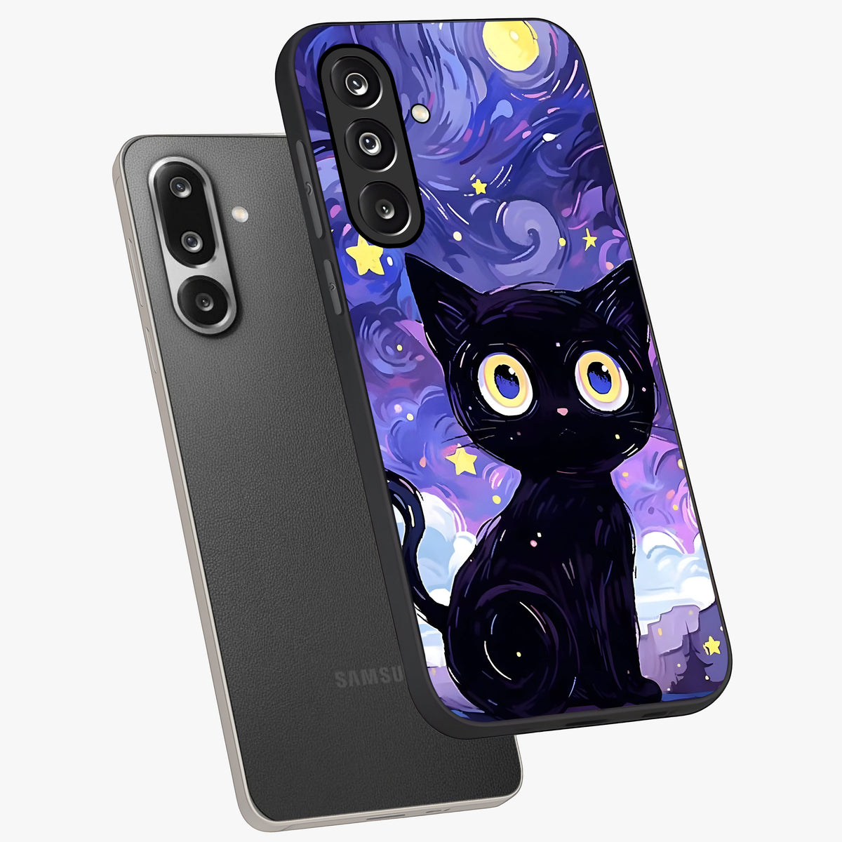 Abstract Cat Art Glass Case displayed in angled mockup highlighting modern abstract cat artwork and sleek glass surface.