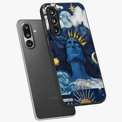 Aesthetic Lord Shiva Glass Case displayed in angled mockup highlighting spiritual Shiva illustration and sacred aesthetic design.