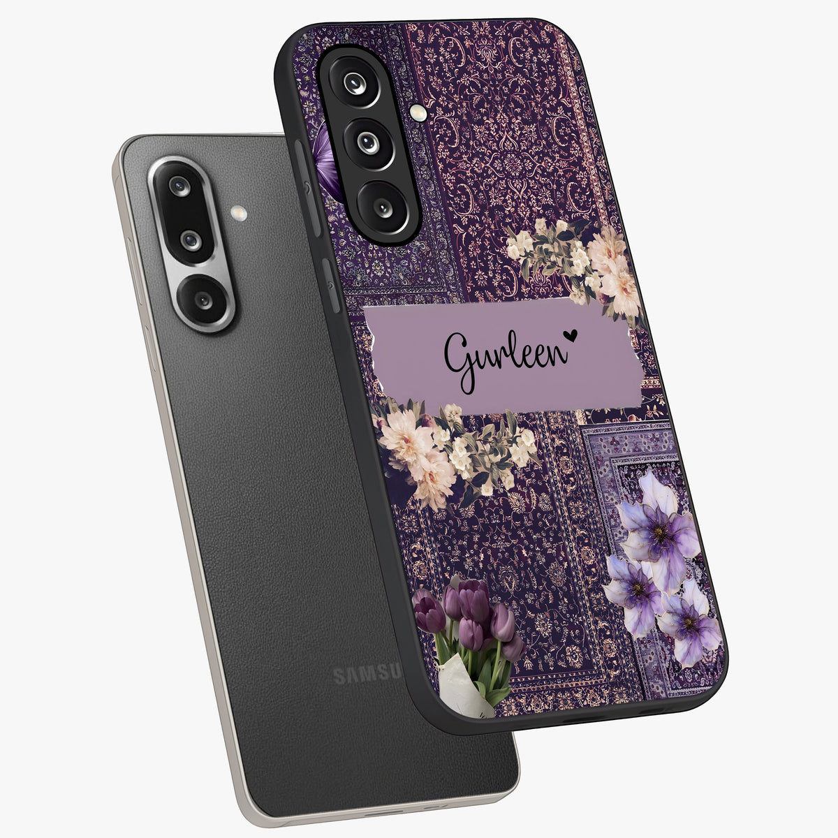 Antique Floral Whisper Custom Name Glass Case displayed in angled mockup highlighting elegant antique floral aesthetic.