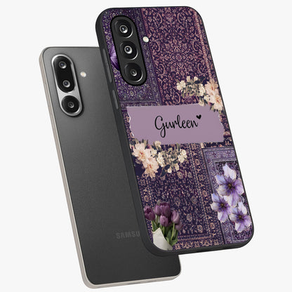 Antique Floral Whisper Custom Name Glass Case displayed in angled mockup highlighting elegant antique floral aesthetic.