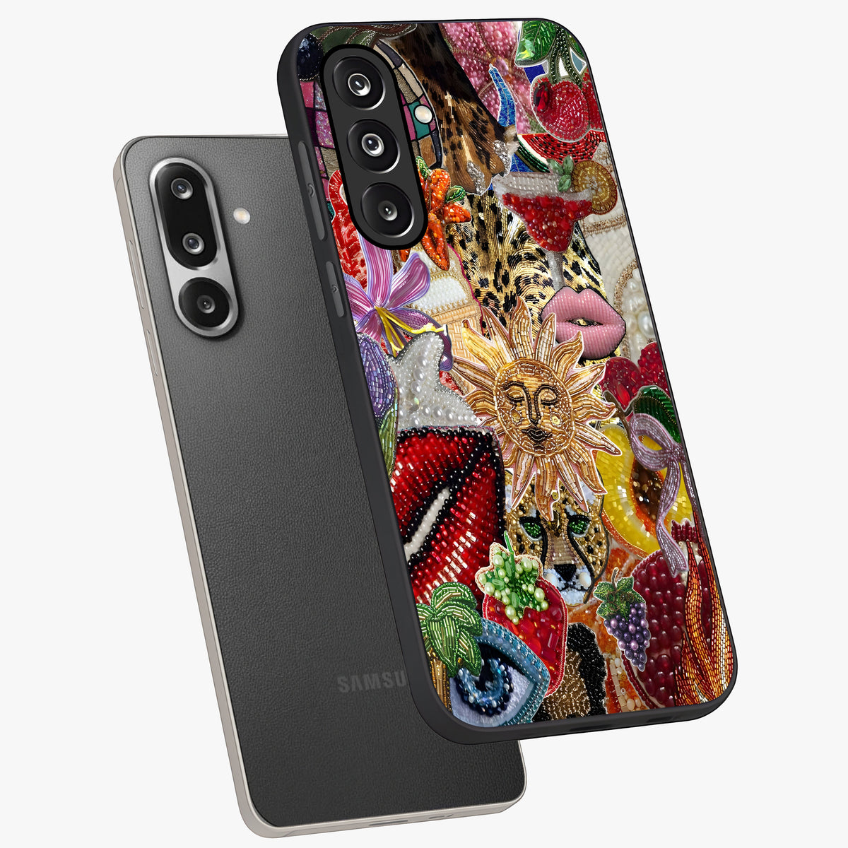 Beaded Fashion Jungle Glass Case displayed in angled mockup highlighting colorful fashion bead design and artistic pattern.