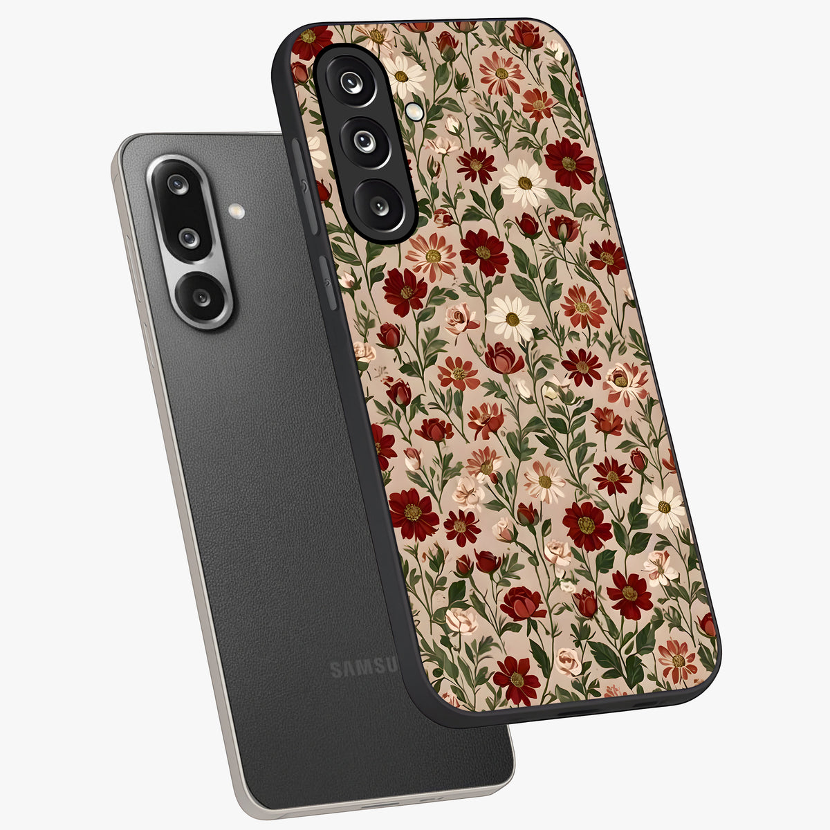 Biege Flower With Leaf Glass Case displayed in angled mockup highlighting minimal floral leaf design and elegant aesthetic.