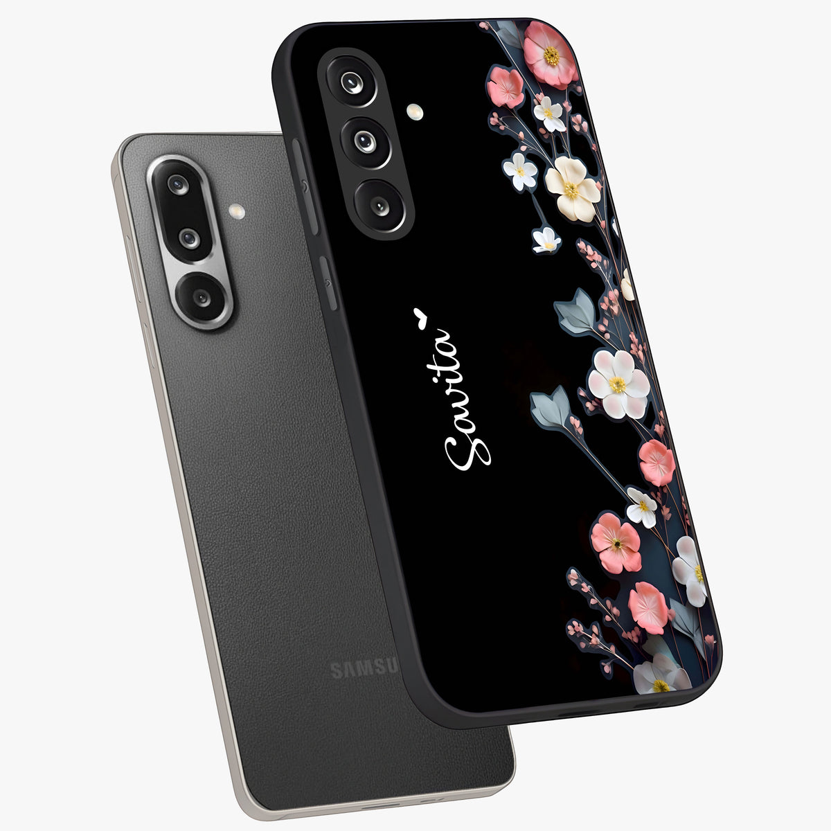 Black Elegance Floral Custom Name Glass Case displayed in angled mockup highlighting dark floral aesthetic and custom name feature.