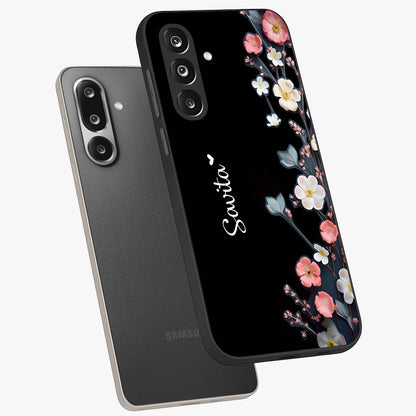 Black Elegance Floral Custom Name Glass Case displayed in angled mockup highlighting dark floral aesthetic and custom name feature.