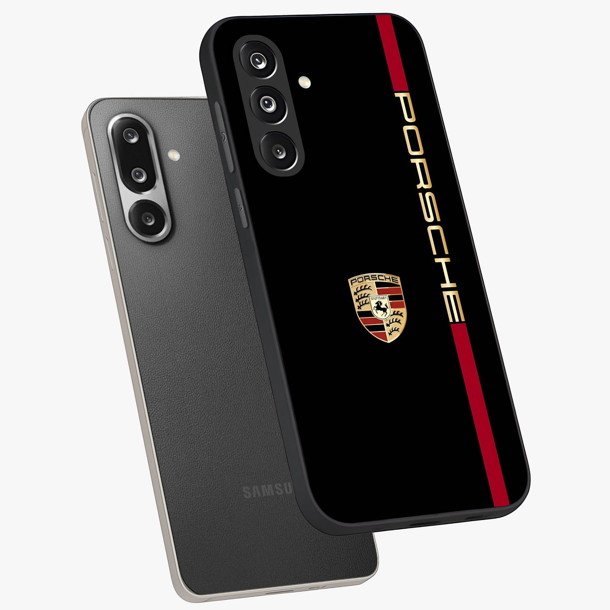 Black Minimal Porsche Glass Case displayed in angled mockup highlighting modern minimal car illustration and clean aesthetic design.