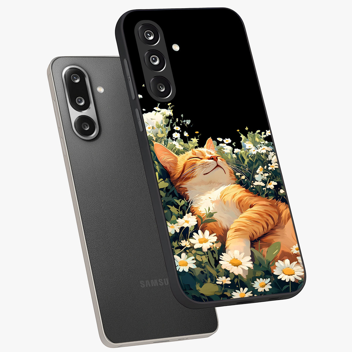 Blissful Bloom Cat Glass Case displayed in angled mockup highlighting playful feline illustration with soft floral aesthetic.