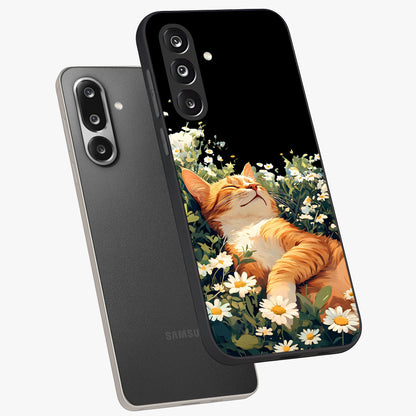 Blissful Bloom Cat Glass Case displayed in angled mockup highlighting playful feline illustration with soft floral aesthetic.