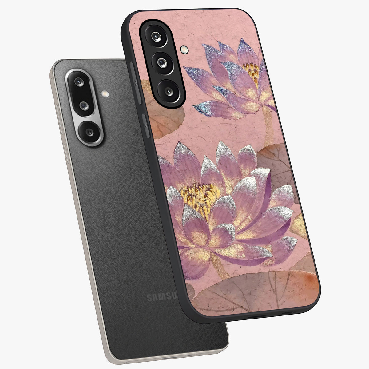 Blossom Mist Lotus Glass Case displayed in angled mockup highlighting delicate lotus illustration with calm aesthetic theme.