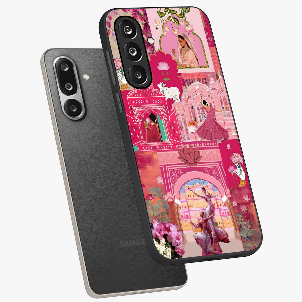 Blossoms of Rajasthan Glass Case displayed in angled mockup highlighting vibrant floral pattern with cultural aesthetic style.