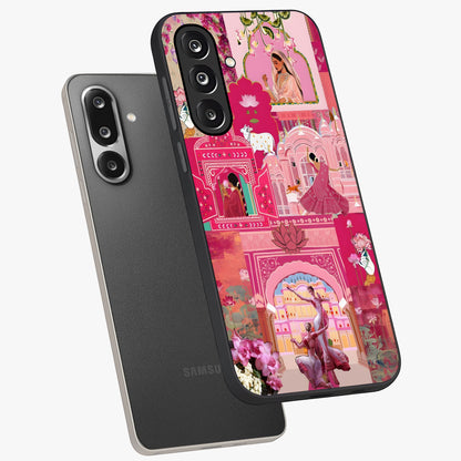 Blossoms of Rajasthan Glass Case displayed in angled mockup highlighting vibrant floral pattern with cultural aesthetic style.