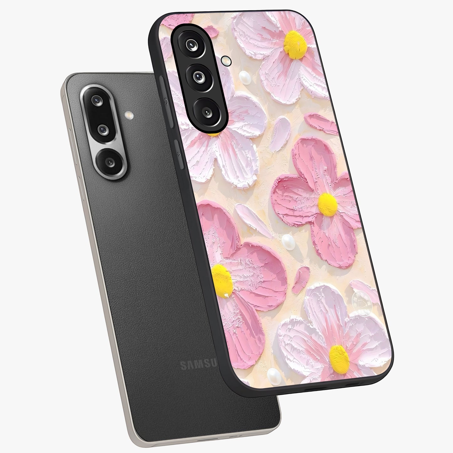 Blush Bloom Texture Glass Case displayed in angled mockup highlighting subtle bloom pattern with aesthetic pastel design.