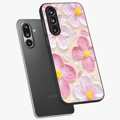 Blush Bloom Texture Glass Case displayed in angled mockup highlighting subtle bloom pattern with aesthetic pastel design.