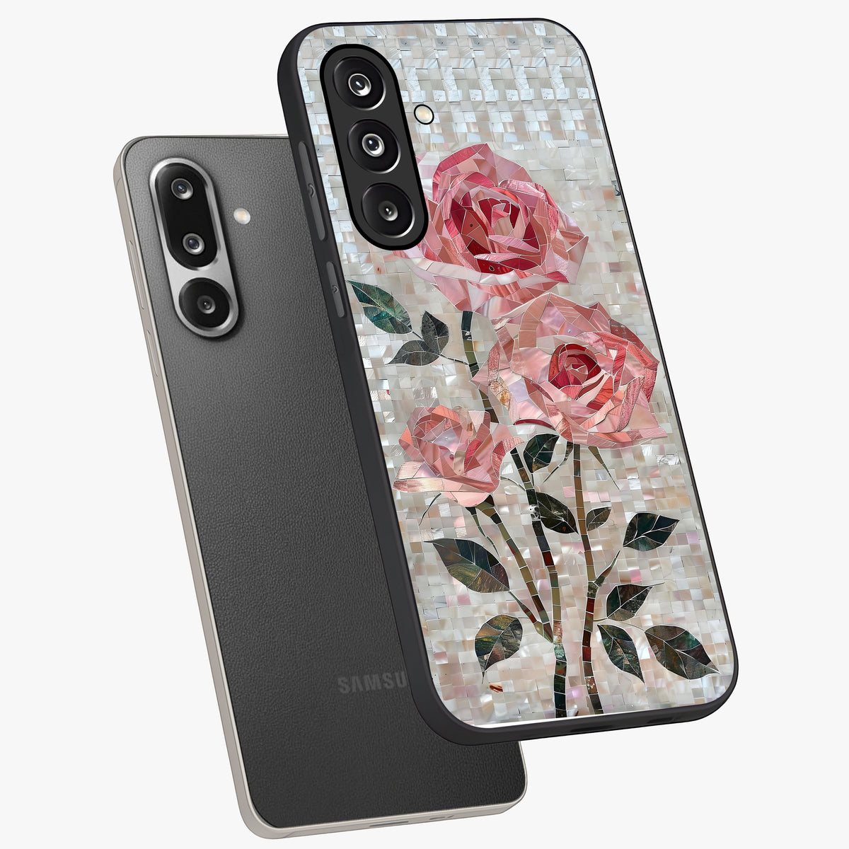 Blush Mosaic Bloom Glass Case displayed in angled mockup highlighting artistic mosaic flower pattern with aesthetic design.