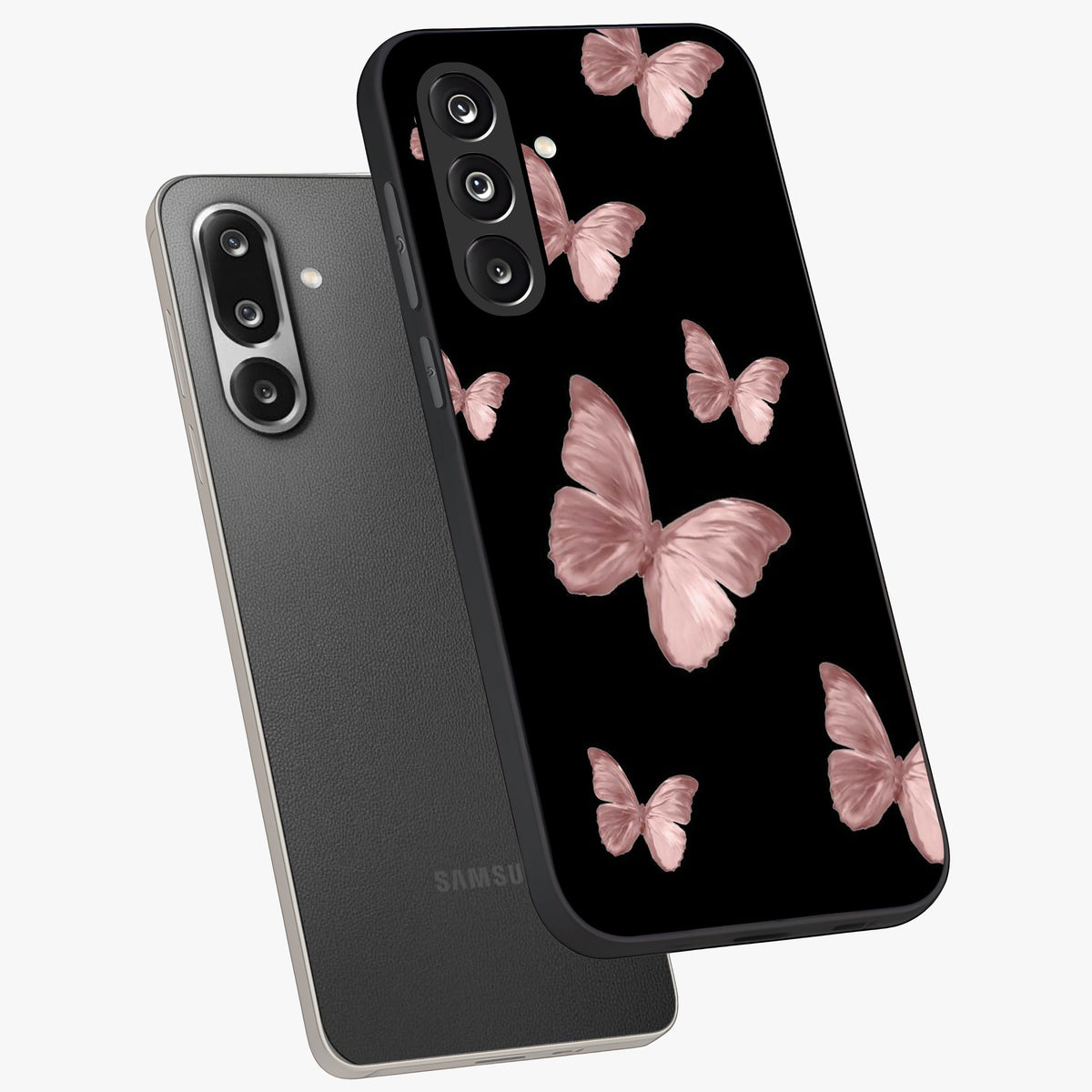 Butterfly Pattern Glass Case displayed in angled mockup highlighting delicate butterfly design and aesthetic pattern style.