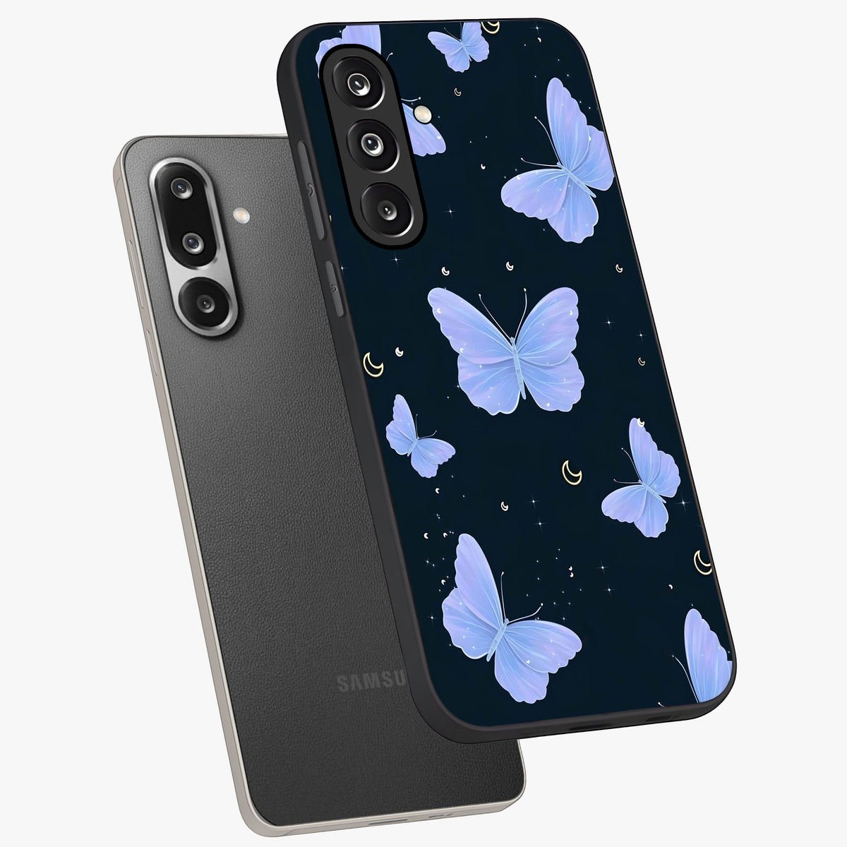 Butterfly With Stars Pattern Glass Case displayed in angled mockup highlighting dreamy butterfly and star design with aesthetic theme.