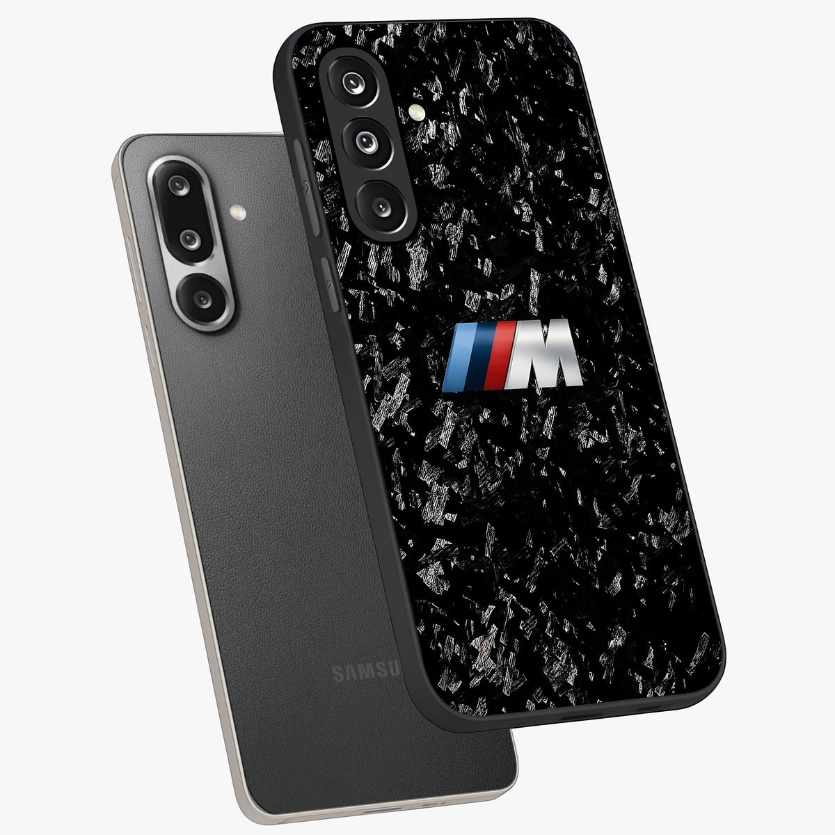 Carbon Speed Mark Glass Case displayed in angled mockup highlighting racing inspired carbon design and sleek aesthetic style.