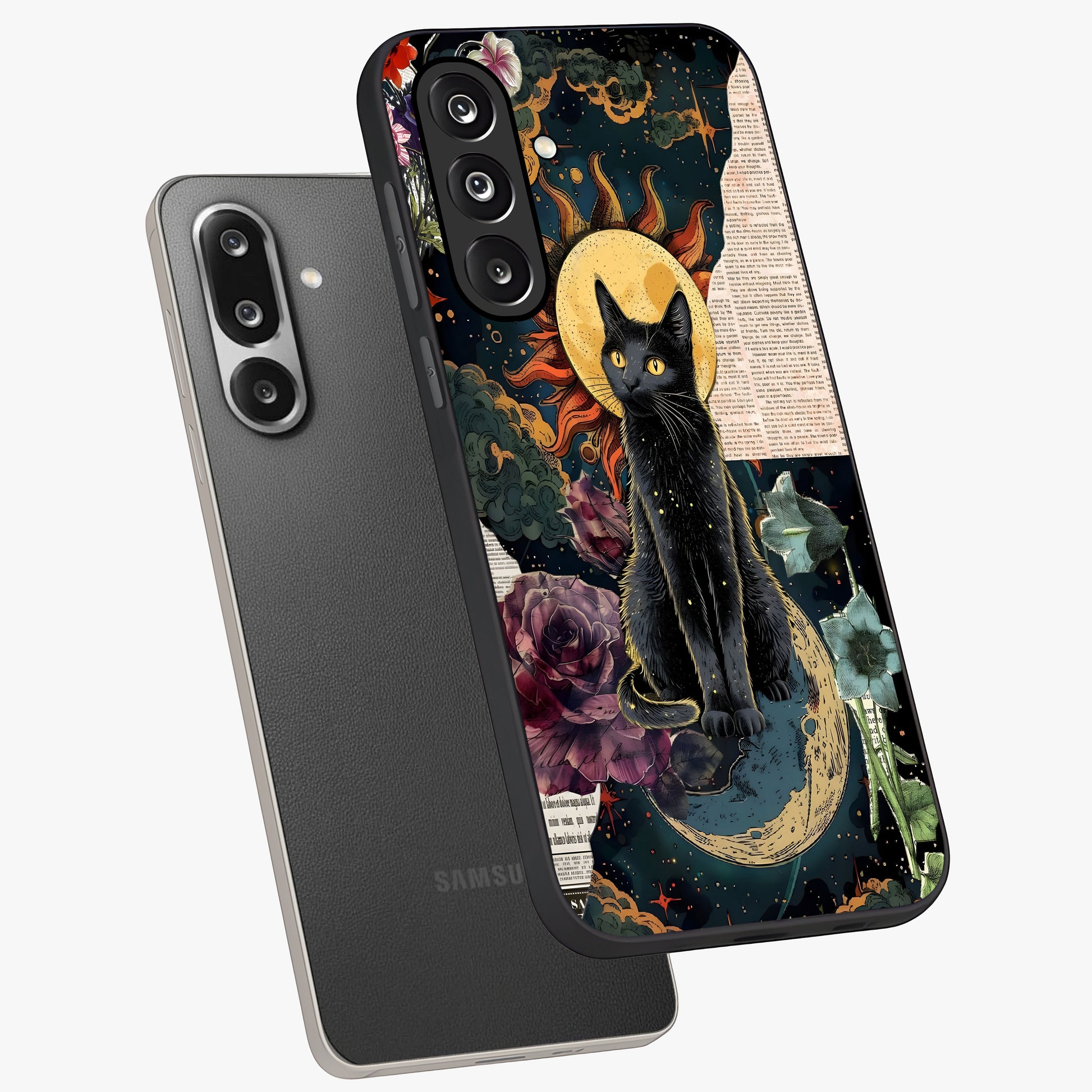 Celestial Black Cat Glass Case displayed in angled mockup highlighting cosmic black cat design with celestial aesthetic.
