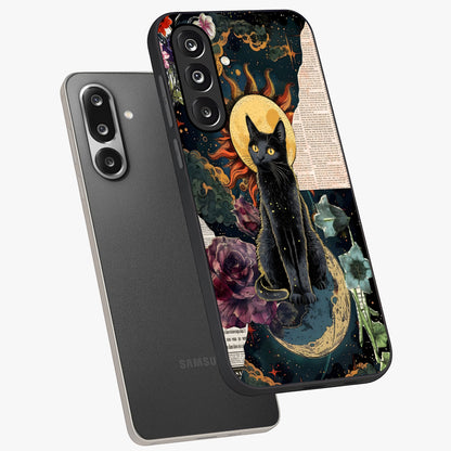 Celestial Black Cat Glass Case displayed in angled mockup highlighting cosmic black cat design with celestial aesthetic.