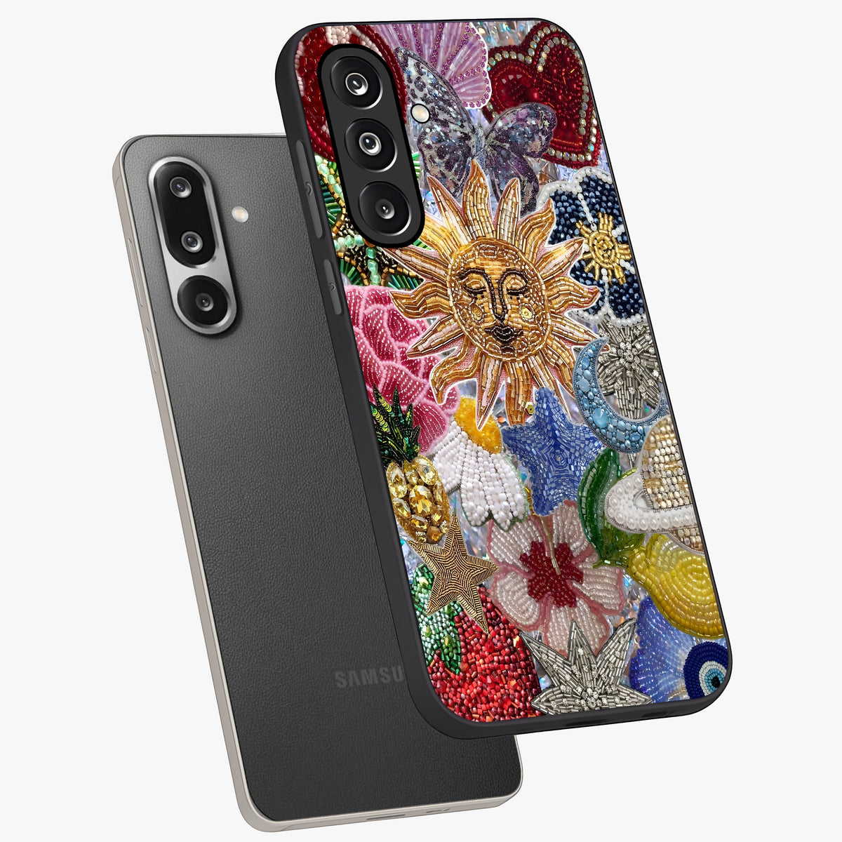 Celestial Floral and Playful Glass Case displayed in angled mockup highlighting playful floral design with dreamy celestial elements.