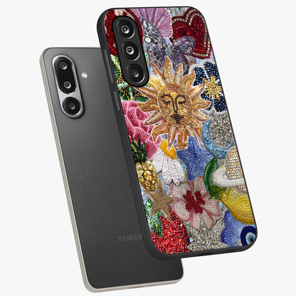 Celestial Floral and Playful Glass Case displayed in angled mockup highlighting playful floral design with dreamy celestial elements.