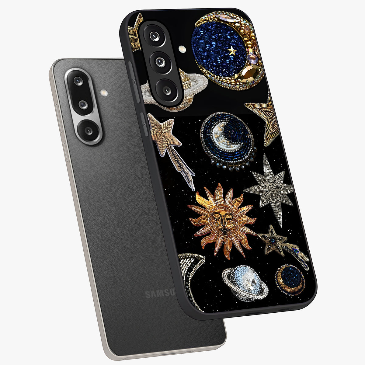 Celestial Gem Constellations Glass Case displayed in angled mockup highlighting gemstone inspired constellation design.