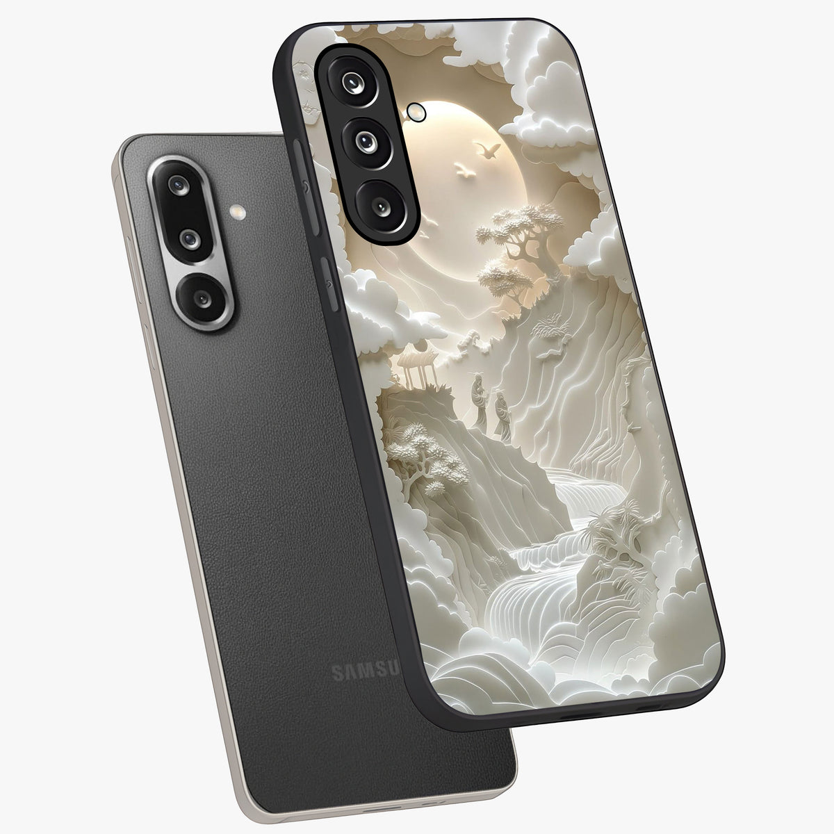 Celestial Origami Glass Case displayed in angled mockup highlighting geometric origami design with cosmic aesthetic theme.