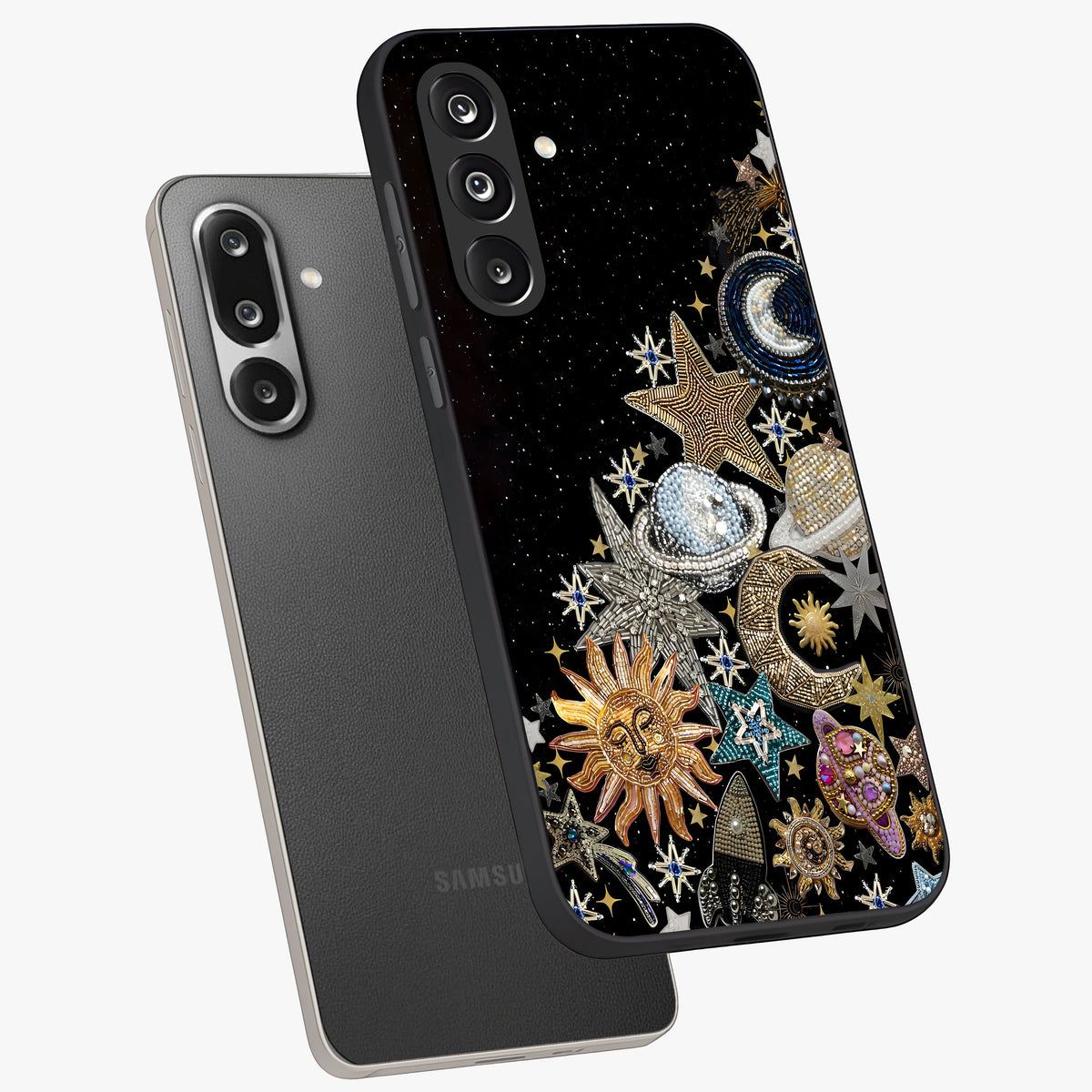 Cosmic Sparkle Dreams Glass Case displayed in angled mockup highlighting dreamy star sparkle design with celestial aesthetic.