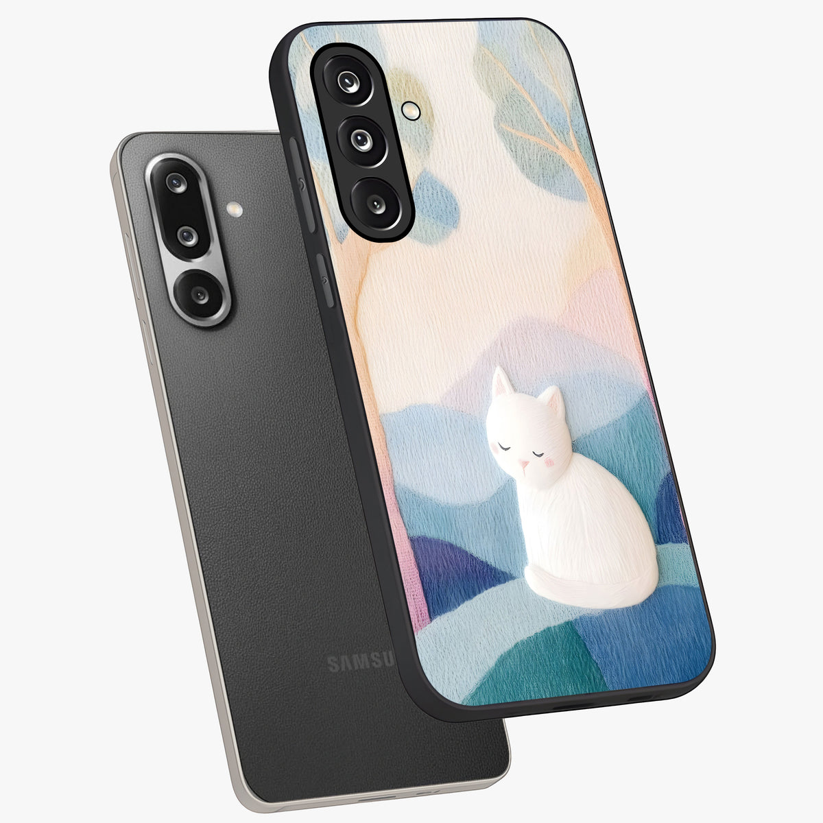 Cotton Dream Cat Glass Case displayed in angled mockup highlighting cute feline illustration with pastel aesthetic style.