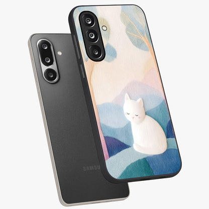 Cotton Dream Cat Glass Case displayed in angled mockup highlighting cute feline illustration with pastel aesthetic style.