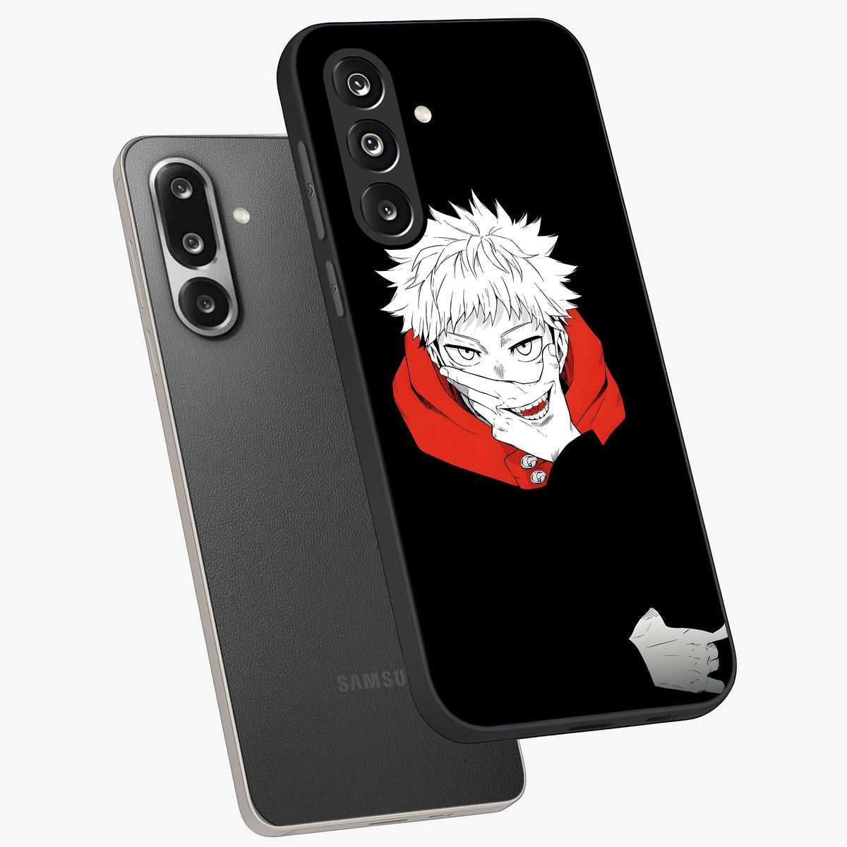 Crimson Chaos Smile Glass Case displayed in angled mockup highlighting edgy crimson smile design with graphic aesthetic.