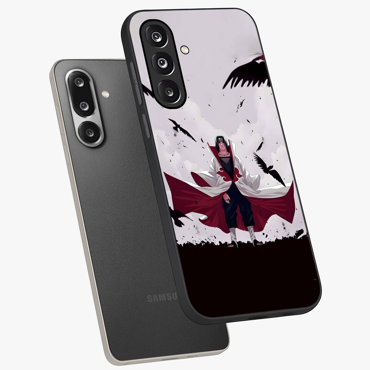 Crimson Crow Ascension Glass Case displayed in angled mockup highlighting powerful crow illustration with dark crimson aesthetic.