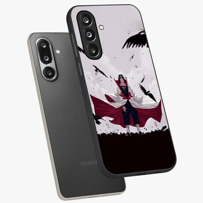 Crimson Crow Ascension Glass Case displayed in angled mockup highlighting powerful crow illustration with dark crimson aesthetic.