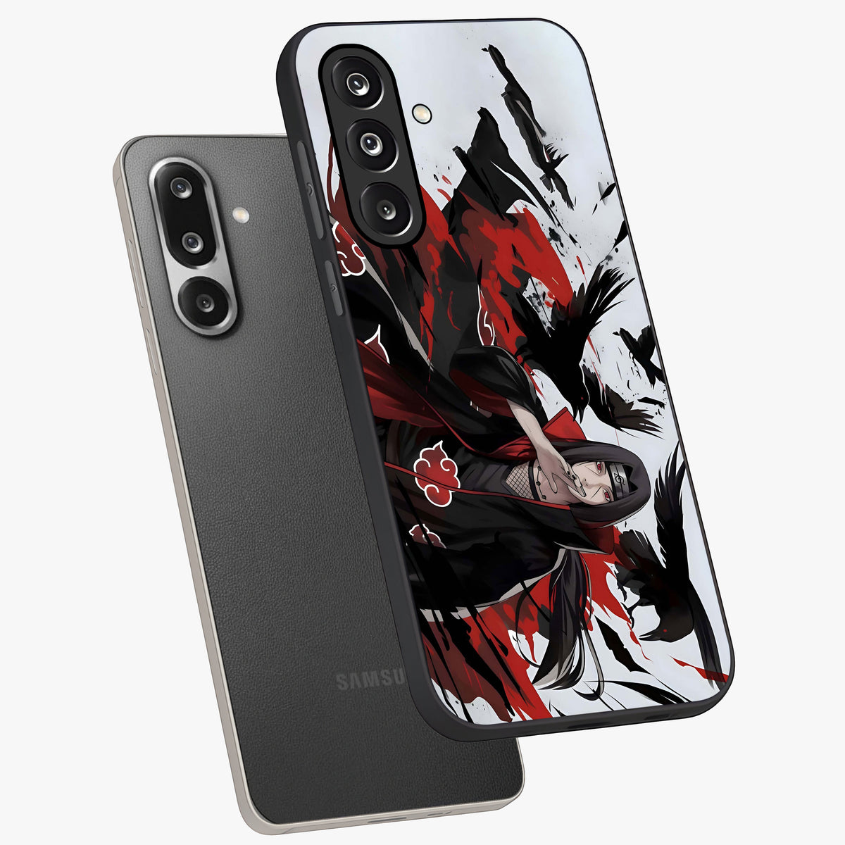 Crimson Crow Illusion Glass Case displayed in angled mockup highlighting mysterious crow graphic with dark aesthetic style.