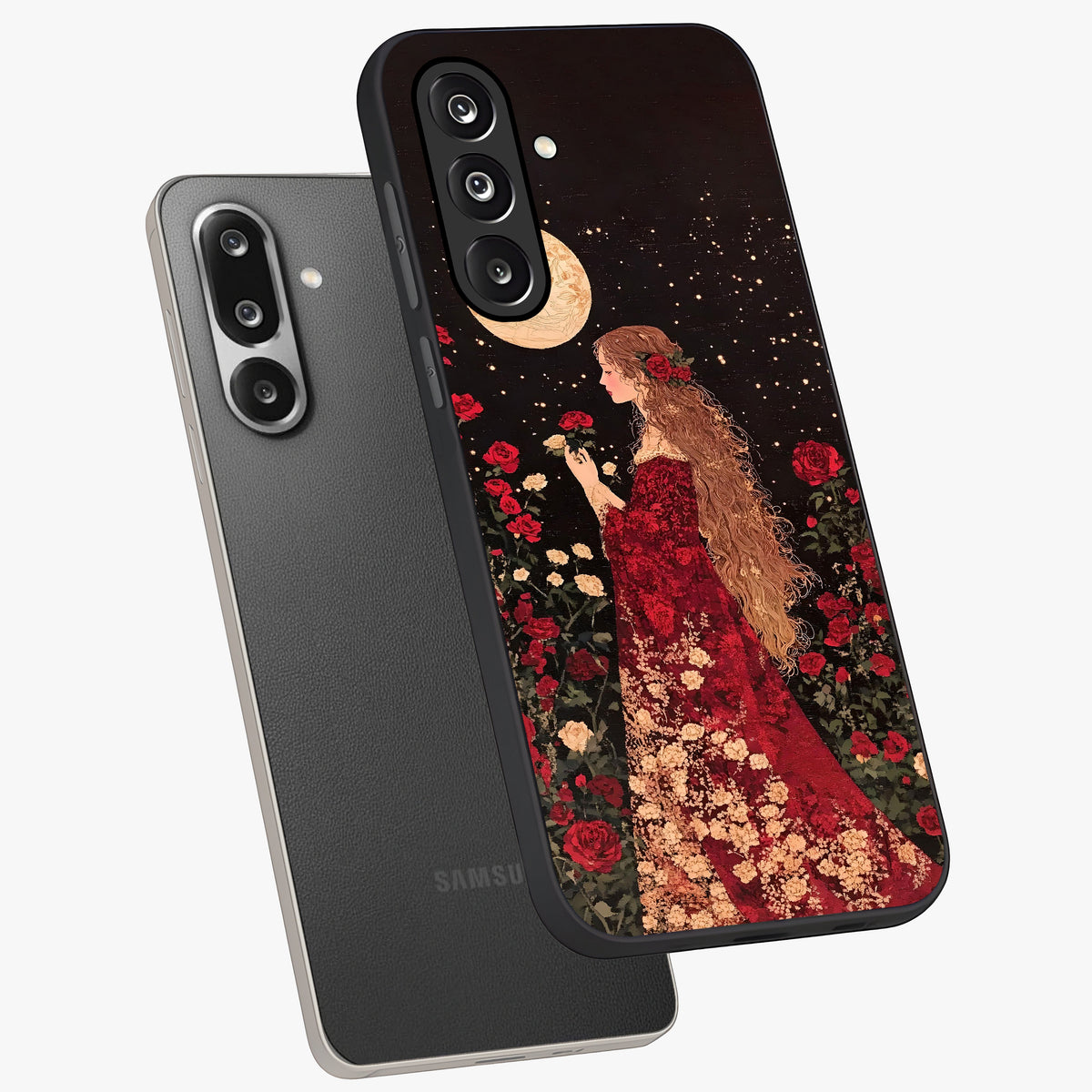Crimson Dreams Glass Case displayed in angled mockup highlighting soft crimson aesthetic design with artistic theme.