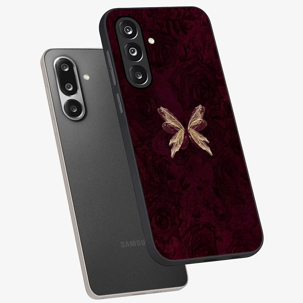 Crimson Fade Butterfly Glass Case displayed in angled mockup highlighting elegant butterfly design with crimson gradient aesthetic.